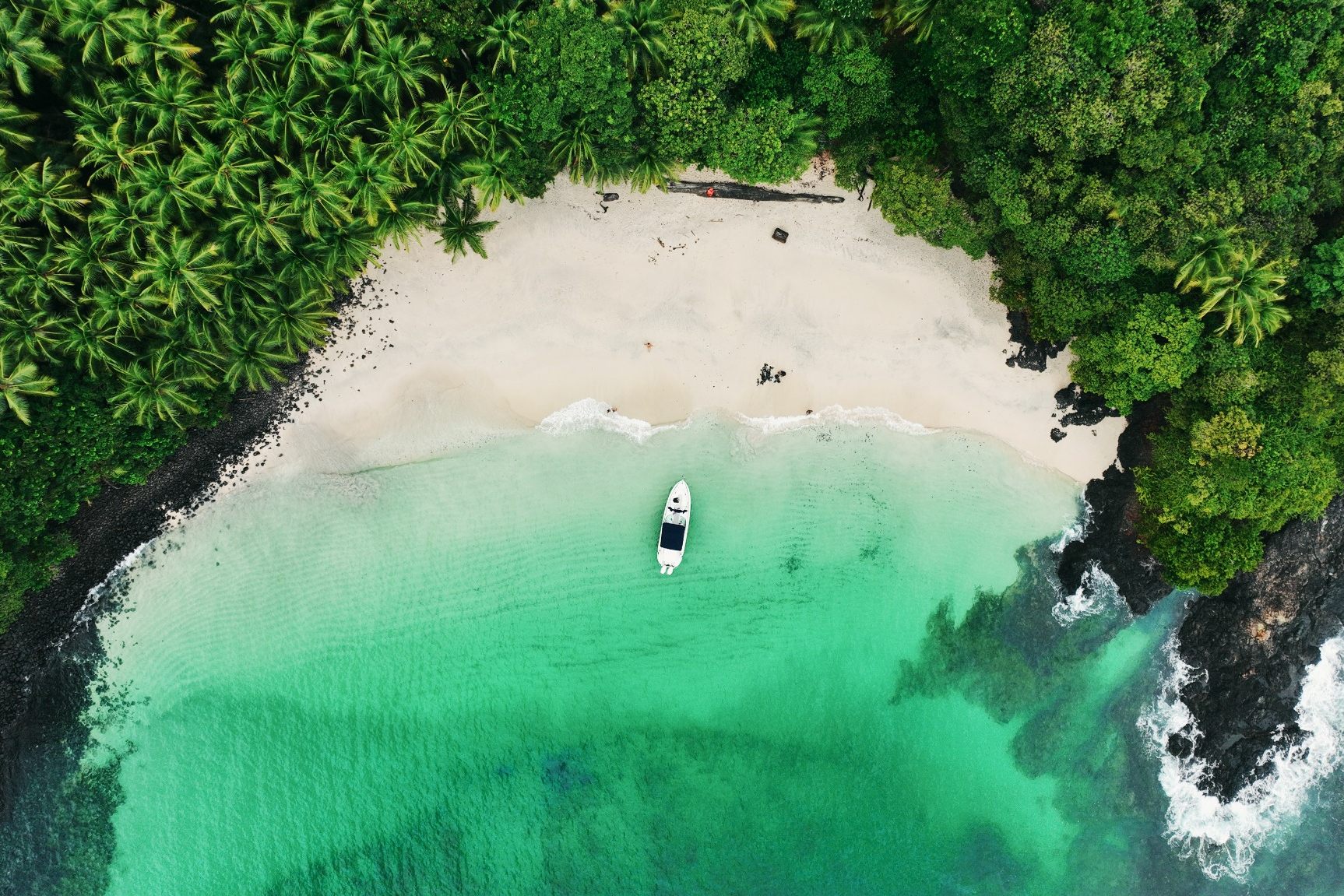 Aerial view of a white sand beach cove, Isla Bolaños, Gulf of Chiriquí